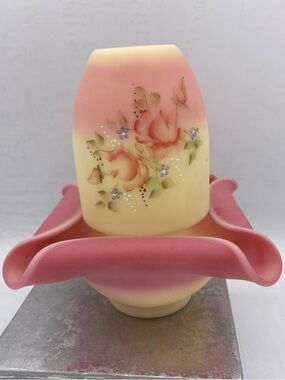 Fenton Burmese Fairy Lamp On Quadrufold Base Hand Painted Roses  Glowy Glass